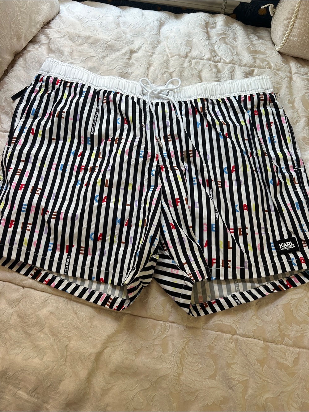 Karl Lagerfeld Black & White Striped Swim Trunks with Multicolor Lettering. XXL